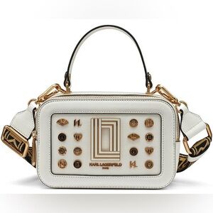 KARL LAGERFELD PARIS, the Simone Crossbody Bag. White w/ metallic buttons. NWT.